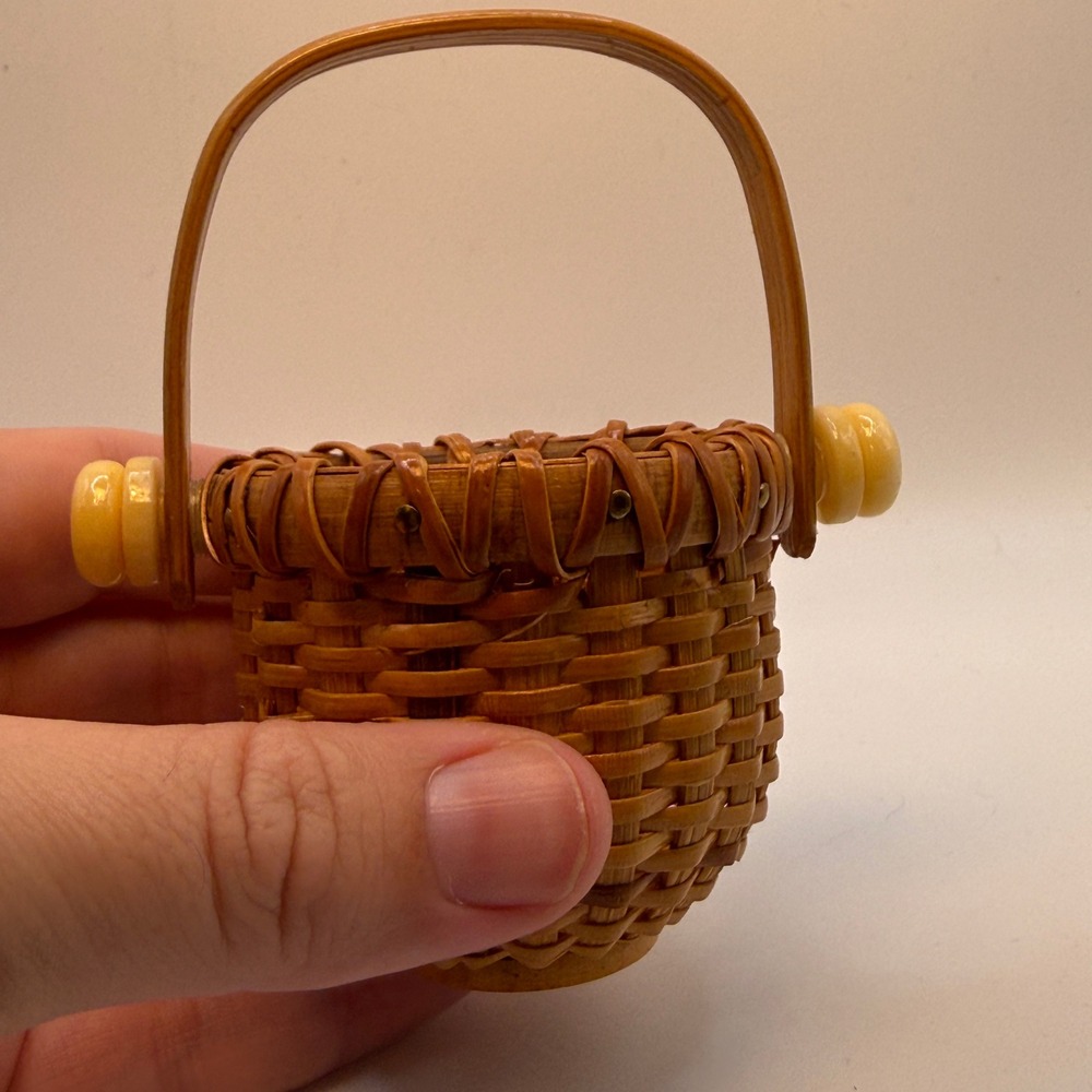Handmade Nantucket Lightship Basket Miniature Brown Woven Swing Handle Decor - Picture 5 of 11